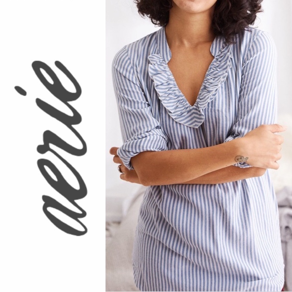 NWOT AERIE STRIPED SHIRT W/ RUFFLE NECKLINE DETAIL